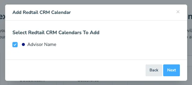 Calendar selection screen showing Redtail calendars with Connect Calendars button