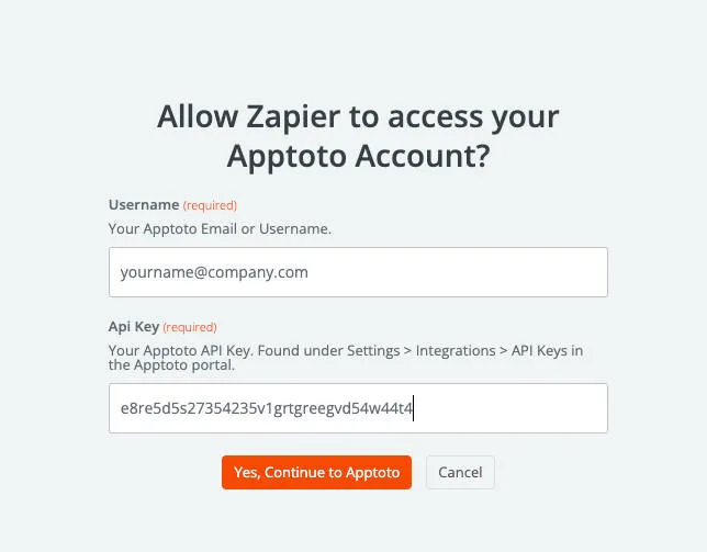 Zapier screen with Apptoto credentials and API key