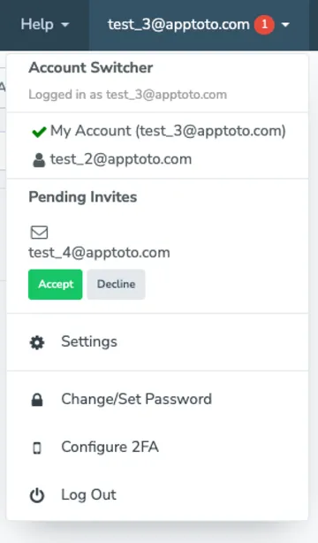 The username dropdown opens an Account Switcher that lists every account you have access to, shows pending invites with Accept and Decline buttons, and keeps your Settings, Change/Set Password, Configure 2FA, and Log Out options below.