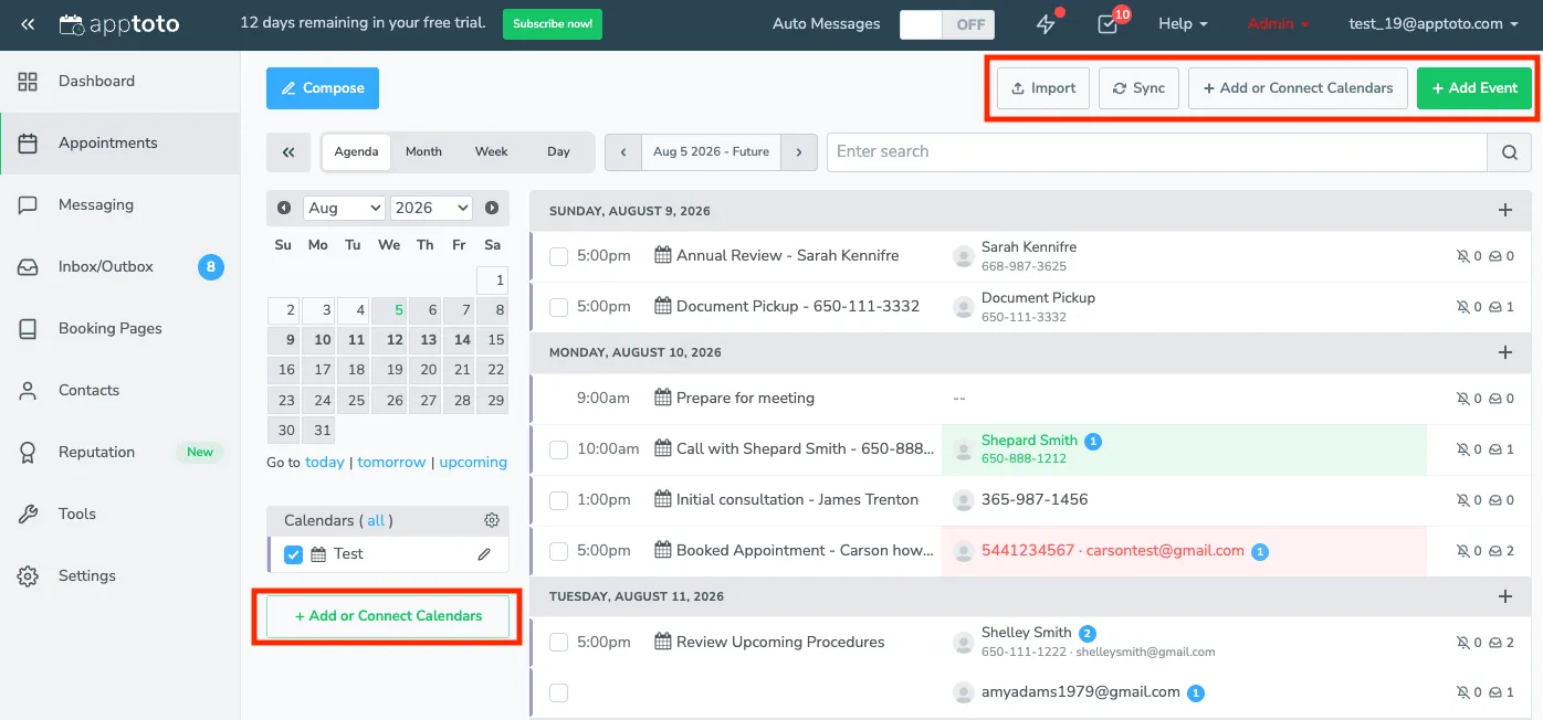 Access relevant features via buttons on the Appointments tab.