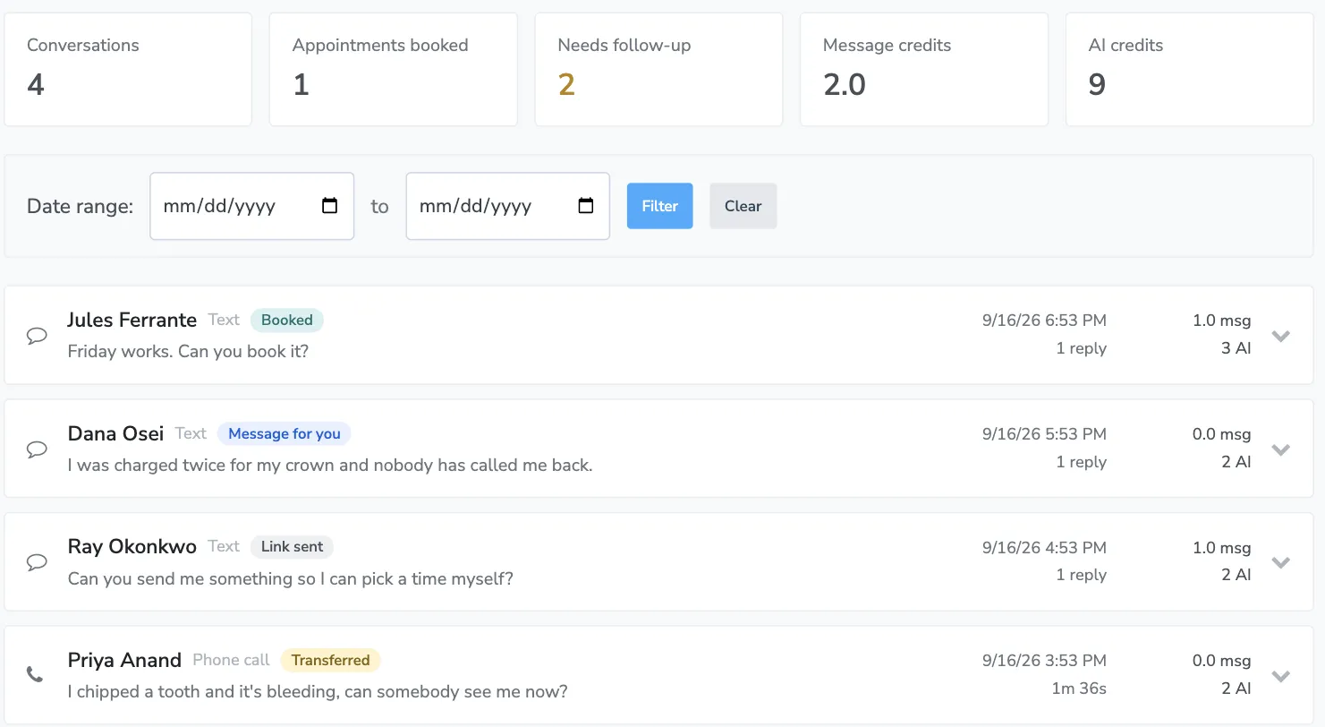 The Activity tab with its five summary cards and four conversations, showing Booked, Message for you, Link sent and Transferred