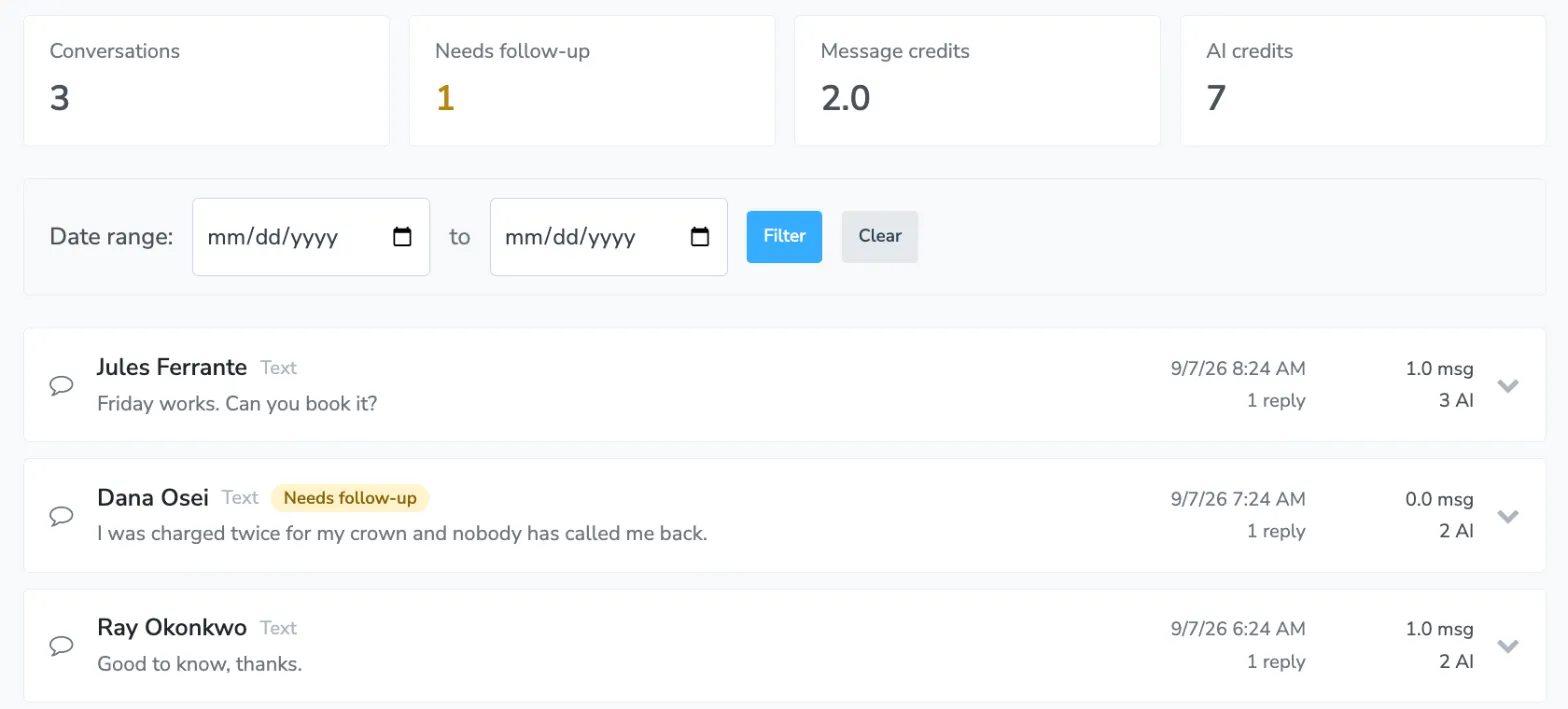 The Activity tab with summary cards and a list of conversations, one flagged for follow-up