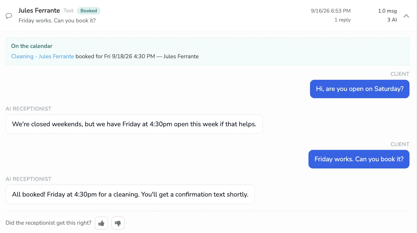 An expanded conversation showing the appointment it booked, the exchange between the client and the receptionist, and the thumbs up and down