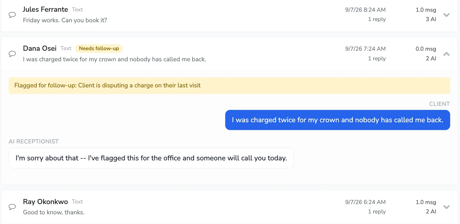 An expanded conversation showing why it was flagged, and the exchange between the client and the receptionist