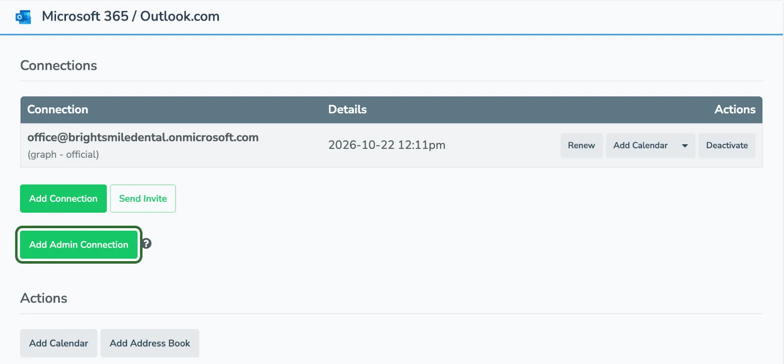 Add Admin Connection button in the Microsoft 365 / Outlook.com section of Settings > Integrations