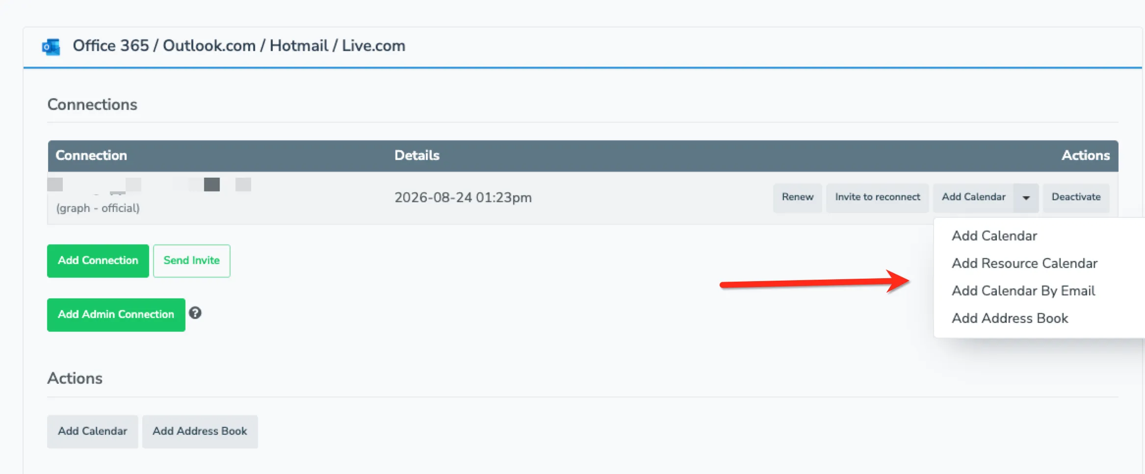Add Calendar dropdown open on a connection, showing Add Resource Calendar, Add Calendar By Email, and Add Address Book