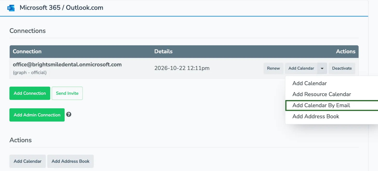 Add Calendar dropdown open on a connection, showing Add Resource Calendar, Add Calendar By Email, and Add Address Book
