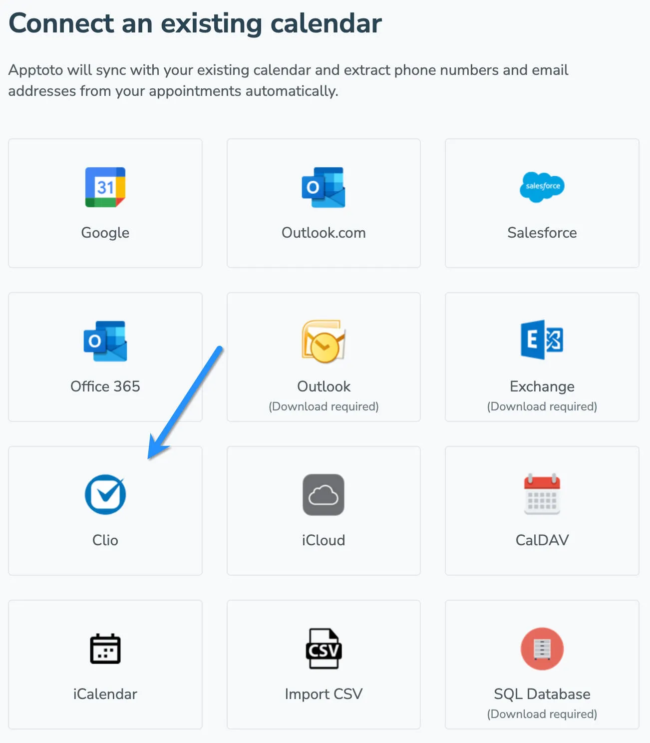 Apptoto interface displaying where to connect an existing Clio calendar