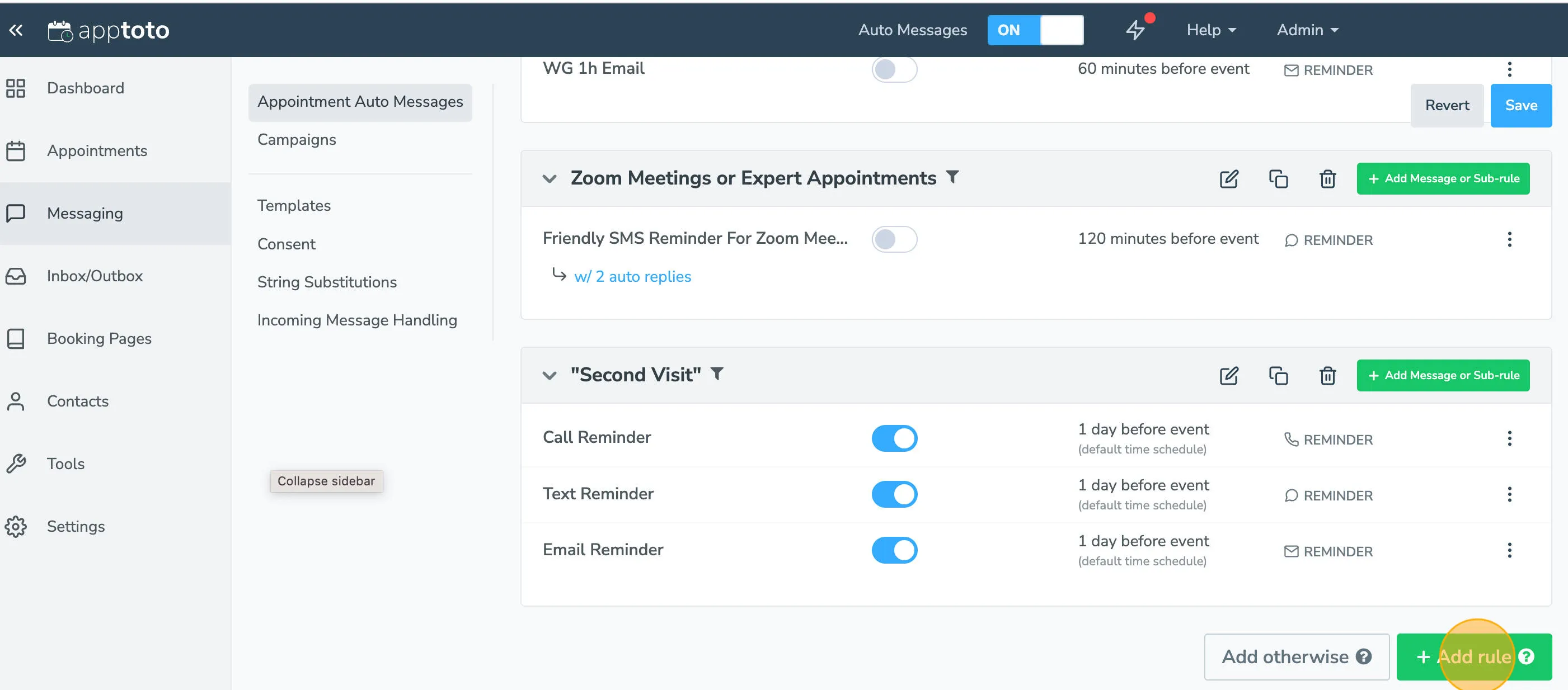 Add Auto Messages rule in Apptoto