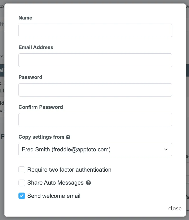 Add Group User form with name, email, password, copy settings, and welcome email options.