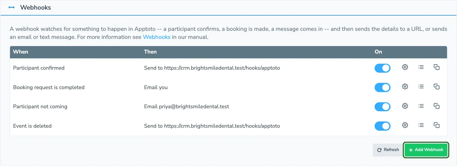 Click Add Webhook to create a new webhook