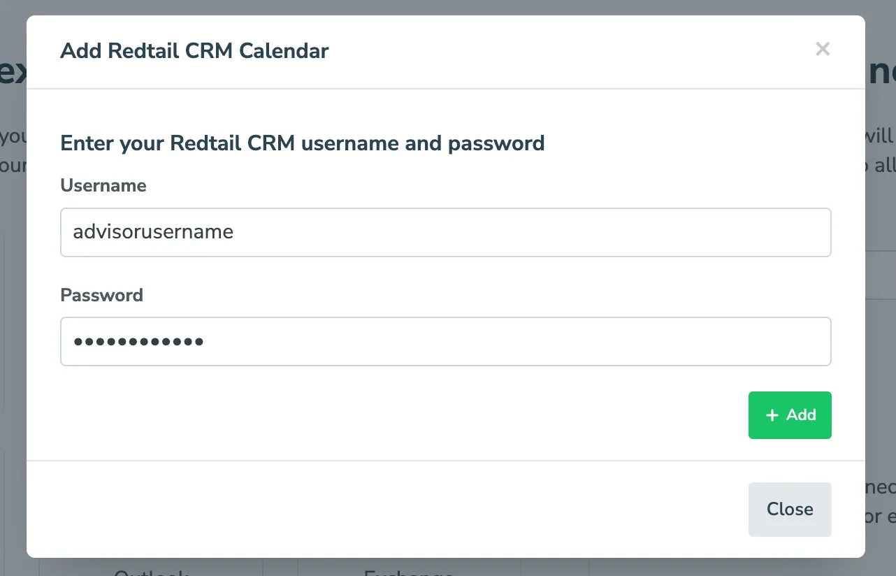 Add your Redtail CRM username and password to sync it to Apptoto