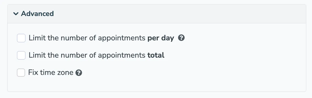 Advanced Apptoto booking page settings on the Availability tab