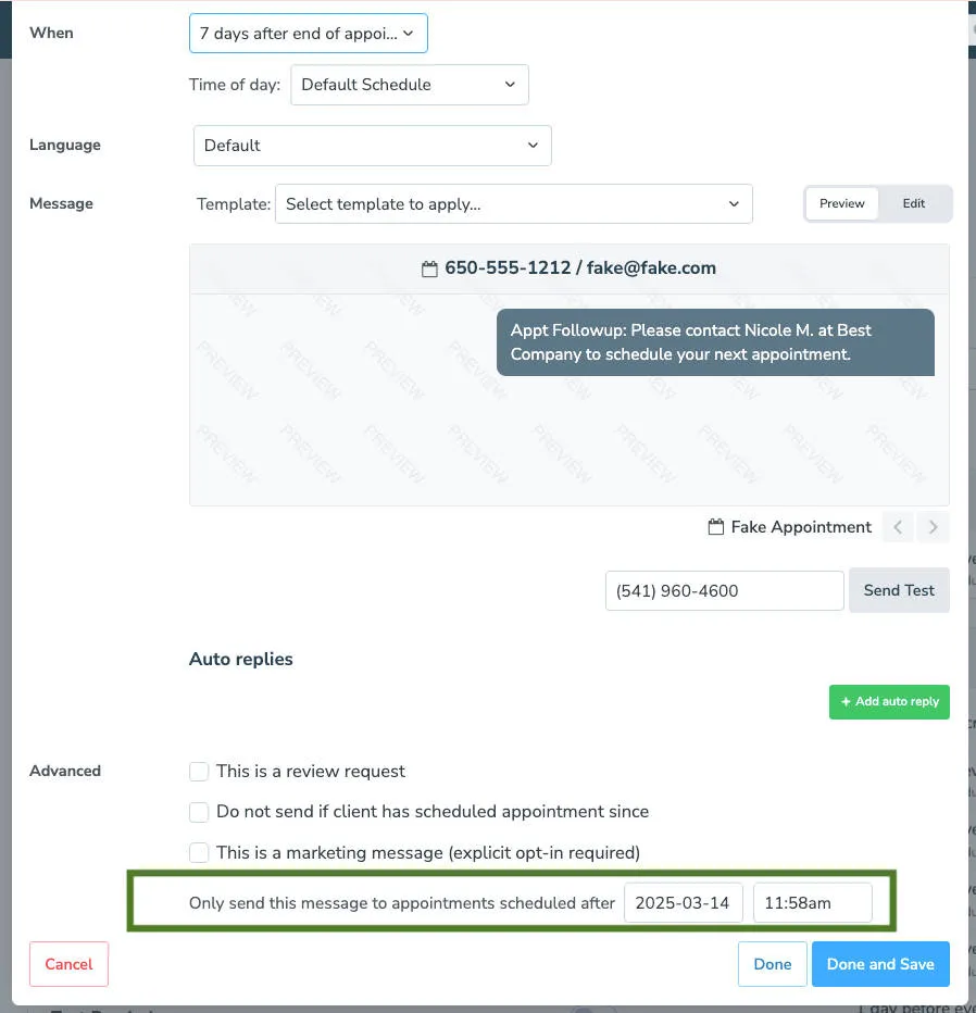 Apptoto's advanced follow-up message timing for sending messages during a specific time range.