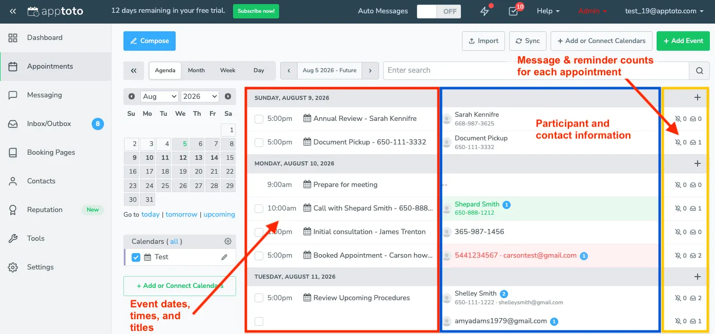 View of Apptoto's Appointments tab displaying where event, client, and messaging data is located.