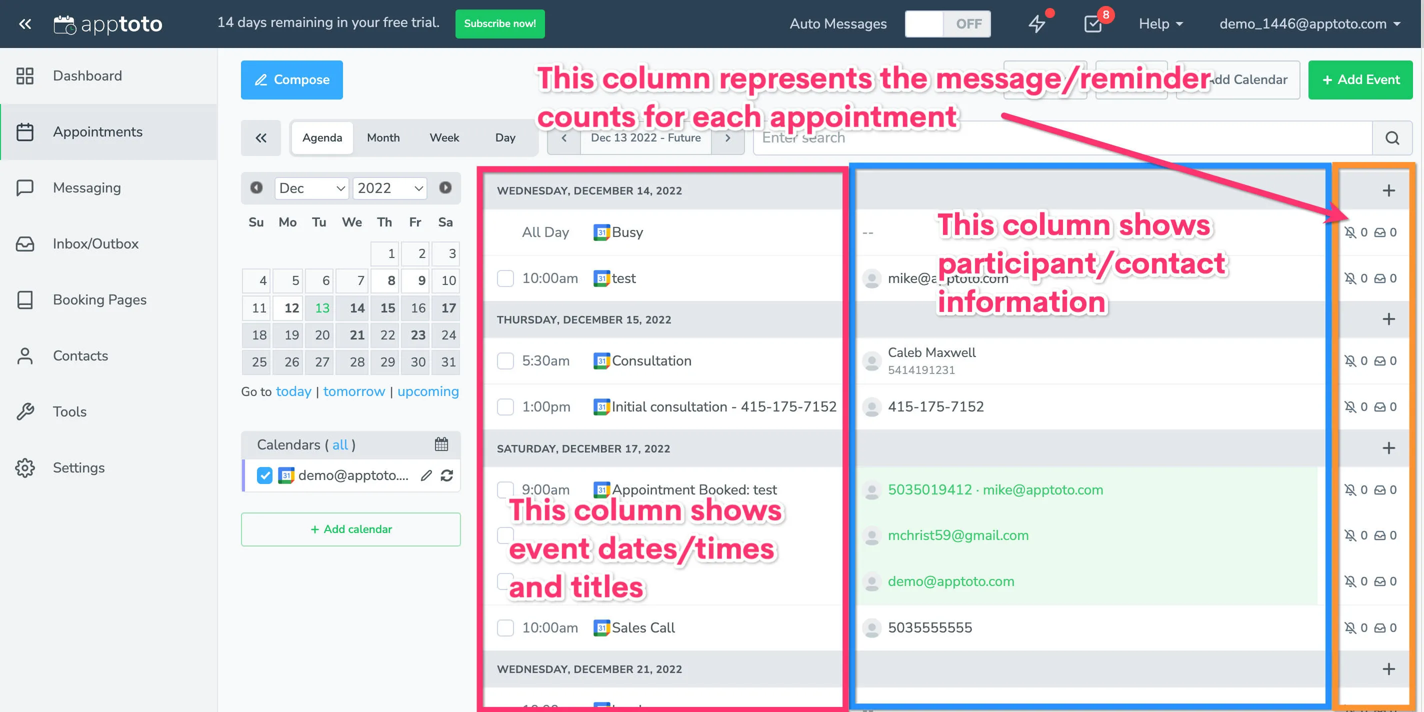 View of Apptoto's Appointments tab displaying where event, client, and messaging data is located.