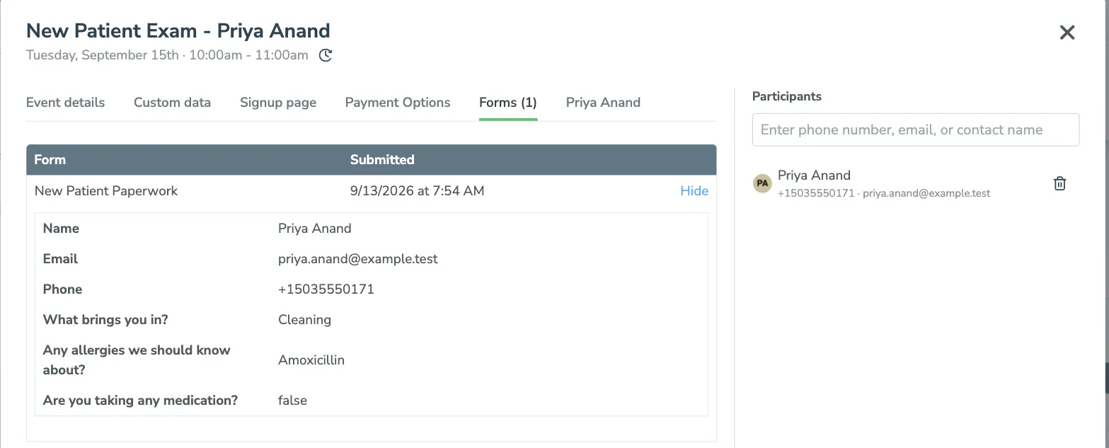 The Forms tab of the appointment editor showing the answers submitted about that visit