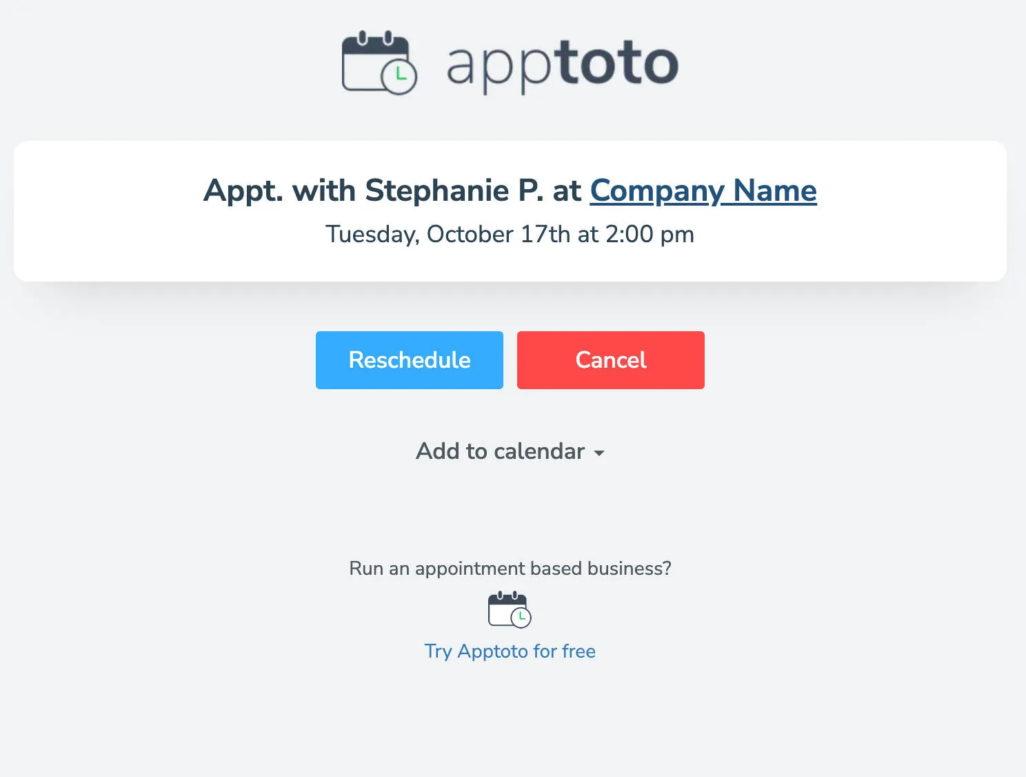 The appointment page displays after a client requests an appointment with your company.