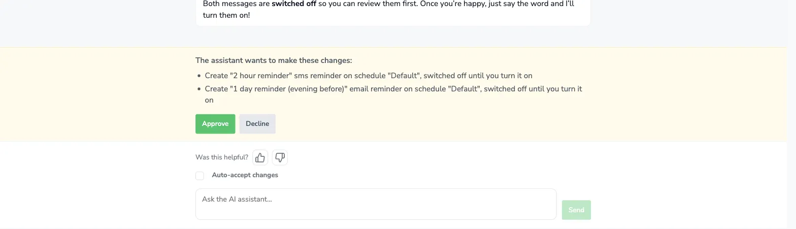 The approval box listing two proposed reminders, with Approve and Decline buttons