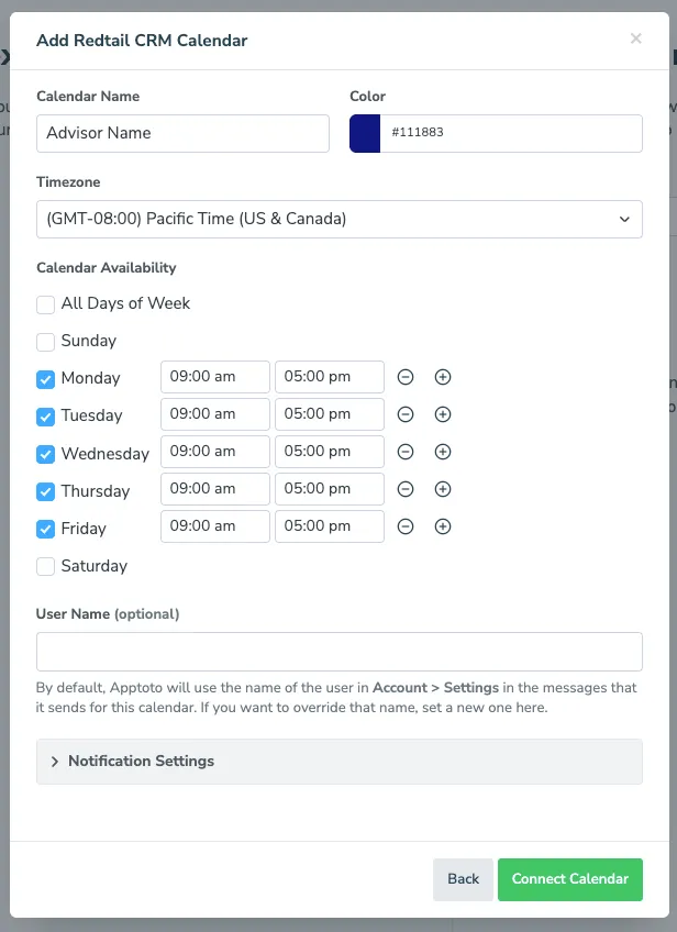 Redtail CRM calendar and availability settings in Apptoto