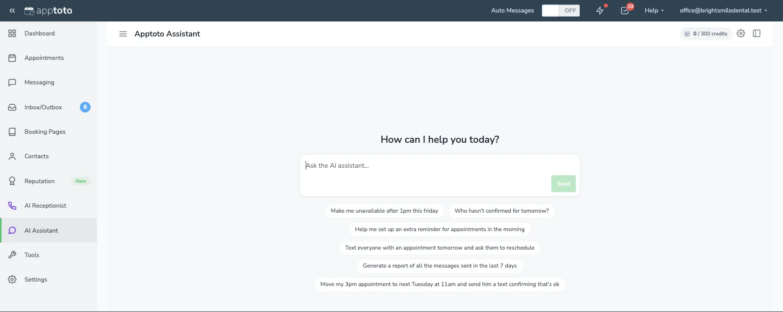 The AI Assistant tab open in Apptoto, showing the greeting, the message box, and clickable suggestions
