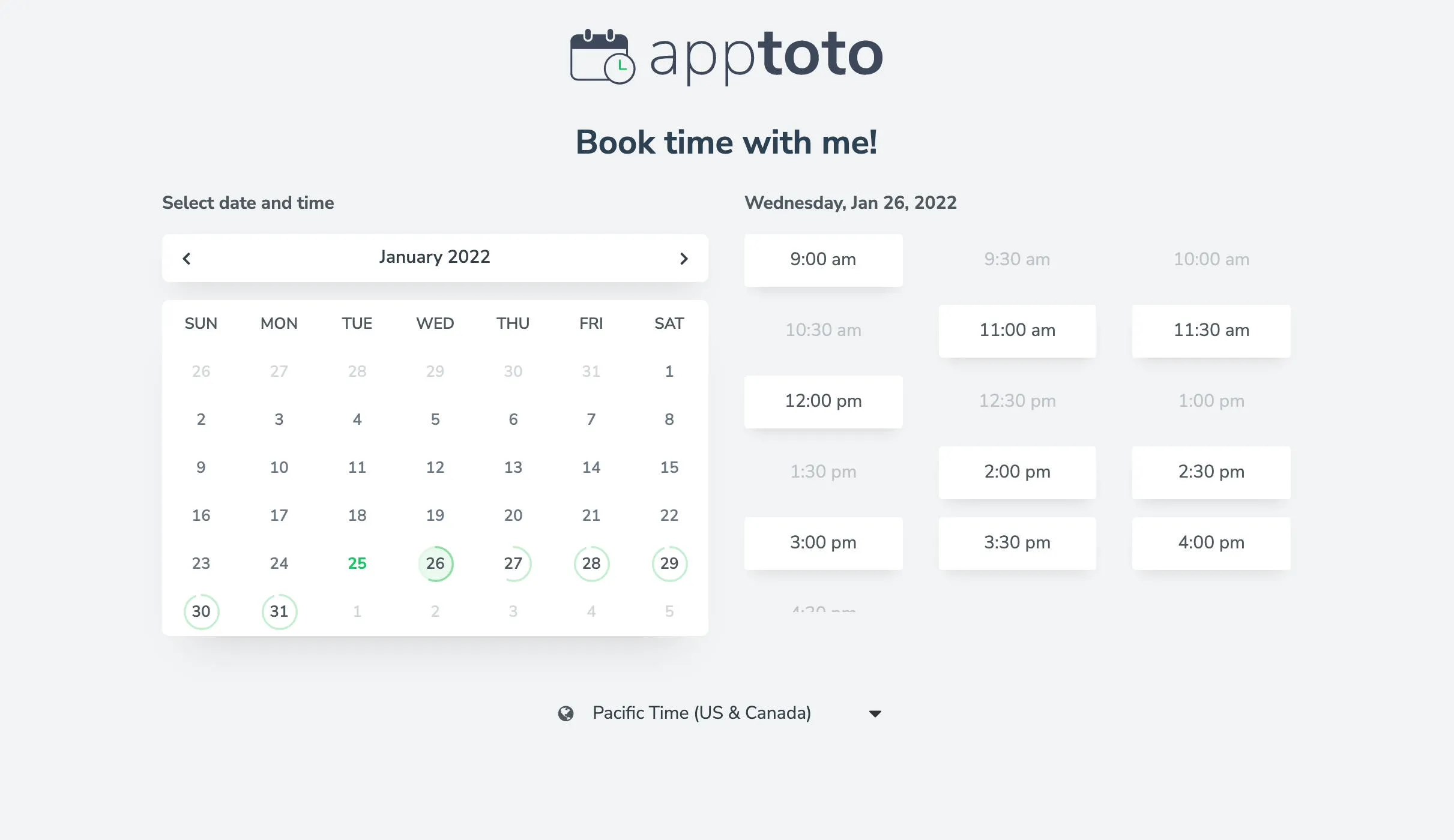 Example Apptoto online booking page with calendar date picker and time selector