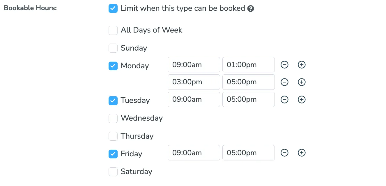 Limit an appointment type to its own days and times, with two ranges on Monday