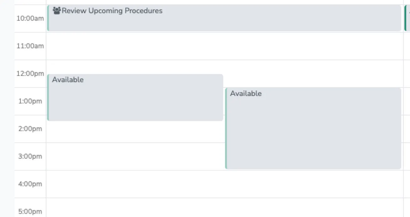 Calendar showing "Available" appointment block on both calendars synced to Apptoto.