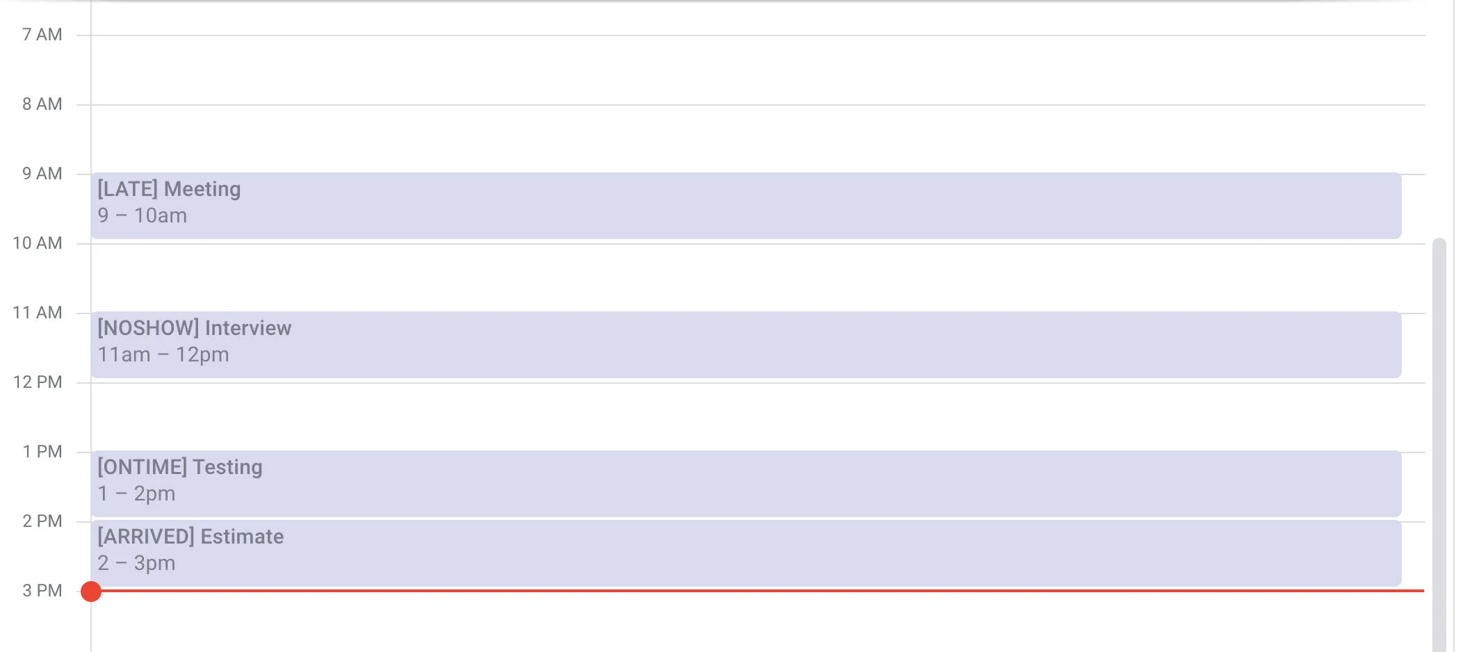Participant check-in states will be denoted by brackets and a status on calendar events