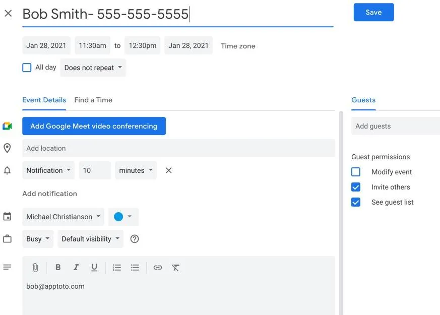 Google calendar event invite with client name, email, and phone number included