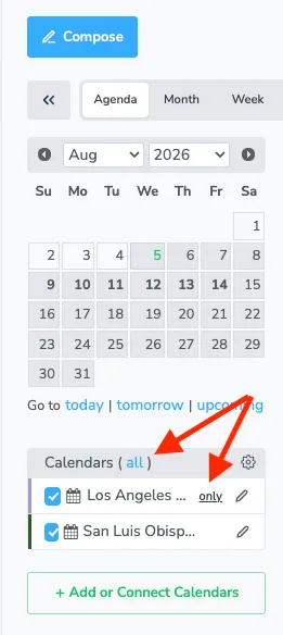 Hovering over a calendar in the list reveals an "only" link to filter to that single calendar