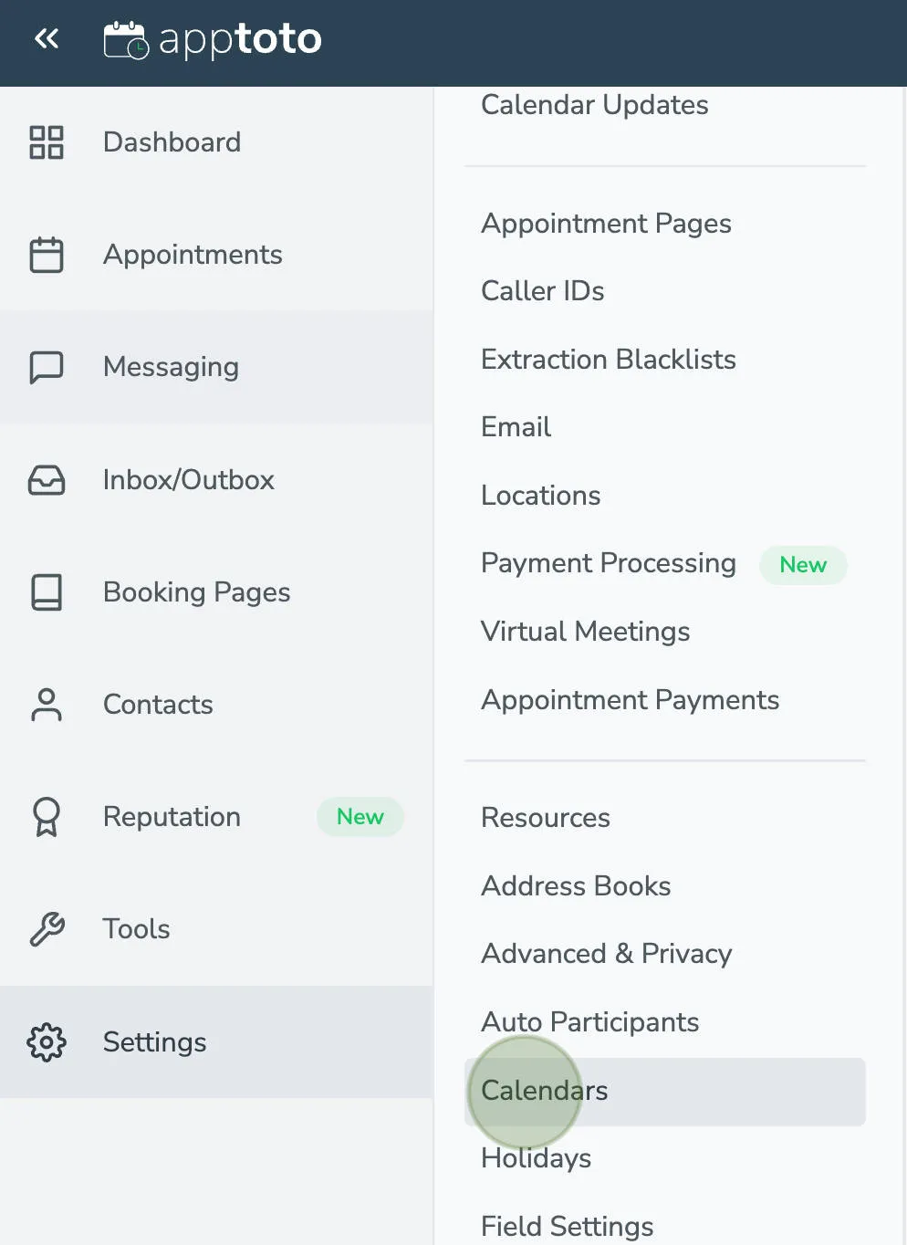 Calendar settings tab in Apptoto