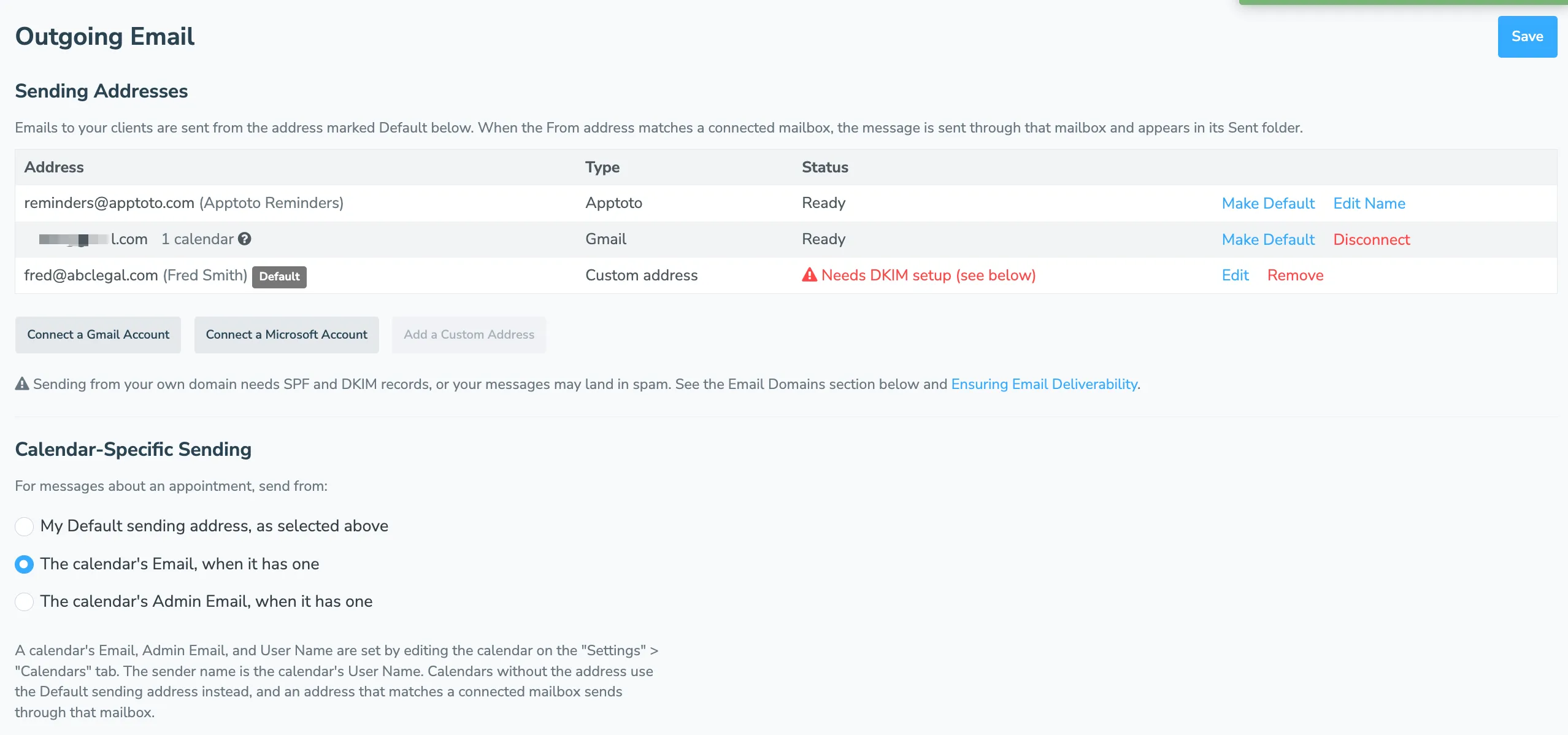 Calendar-Specific Sending set to the calendar's Email, with the Sending Addresses table above showing a calendar count next to the connected mailbox that matches.