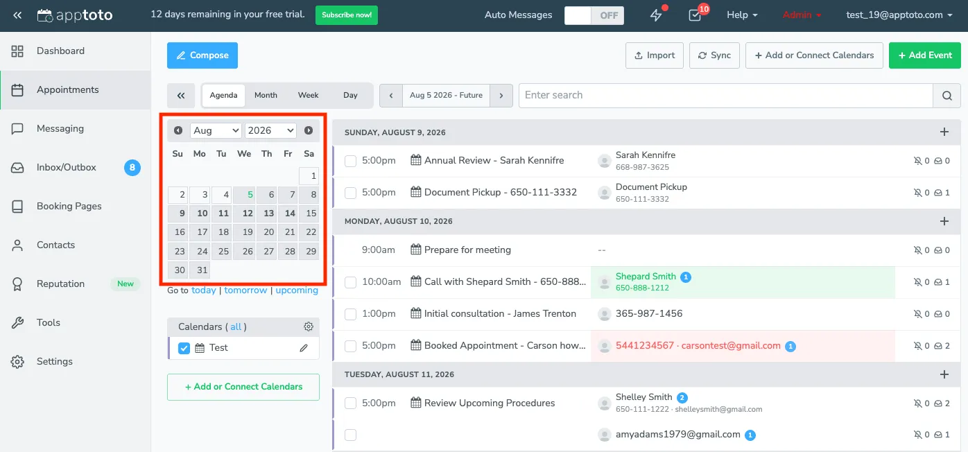 Toggle between viewing your appointment schedule by month, week, day, or agenda