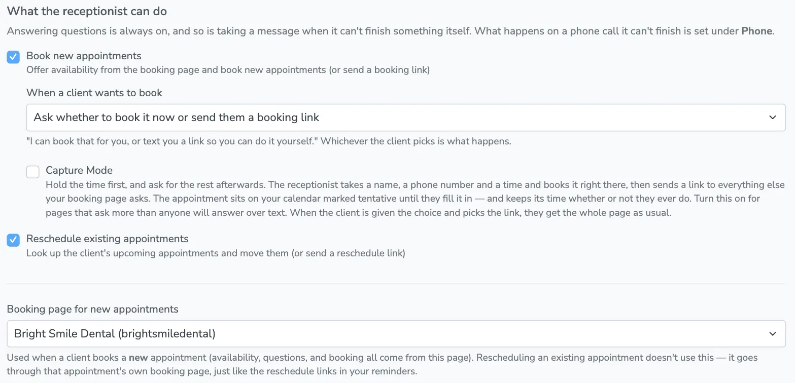 The Capabilities tab, with booking and rescheduling switched on, the booking choice and Capture Mode below them, and a booking page chosen