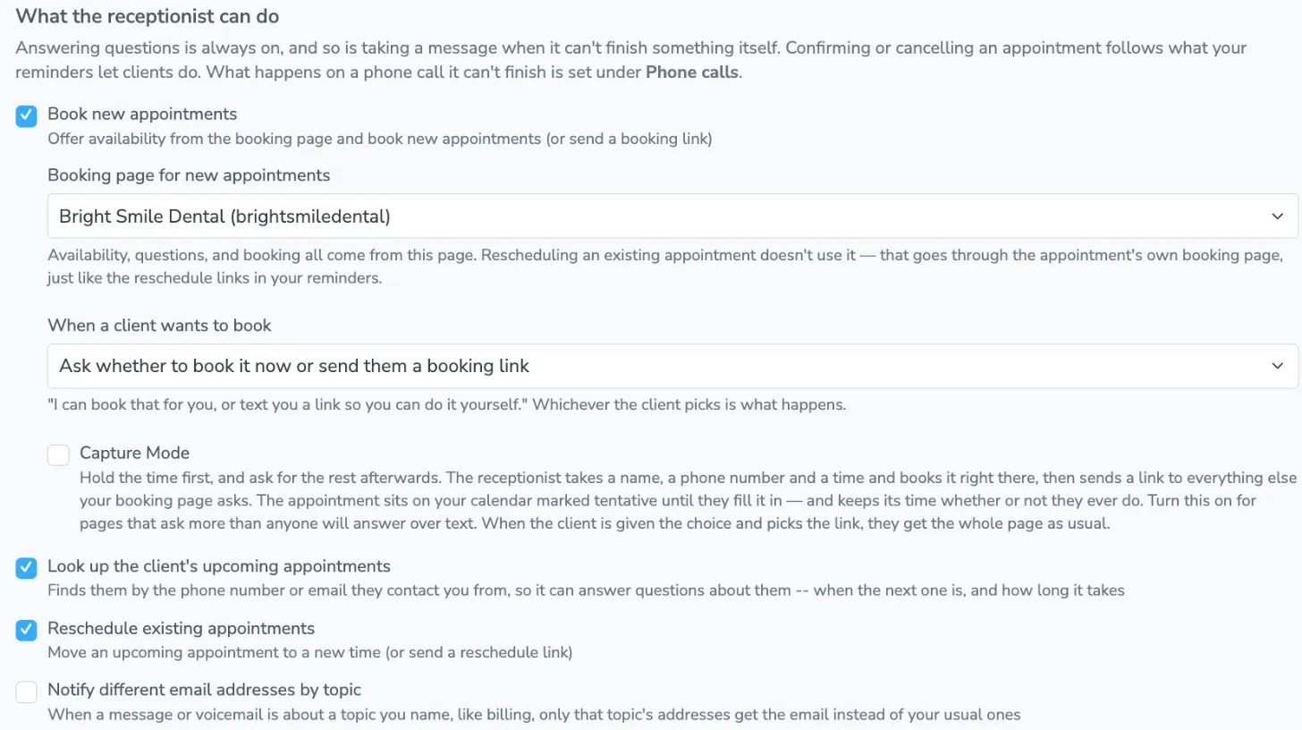 The Capabilities tab, with booking switched on and its booking page, booking choice, and Capture Mode below it, then looking up appointments and rescheduling switched on and topic notifications switched off