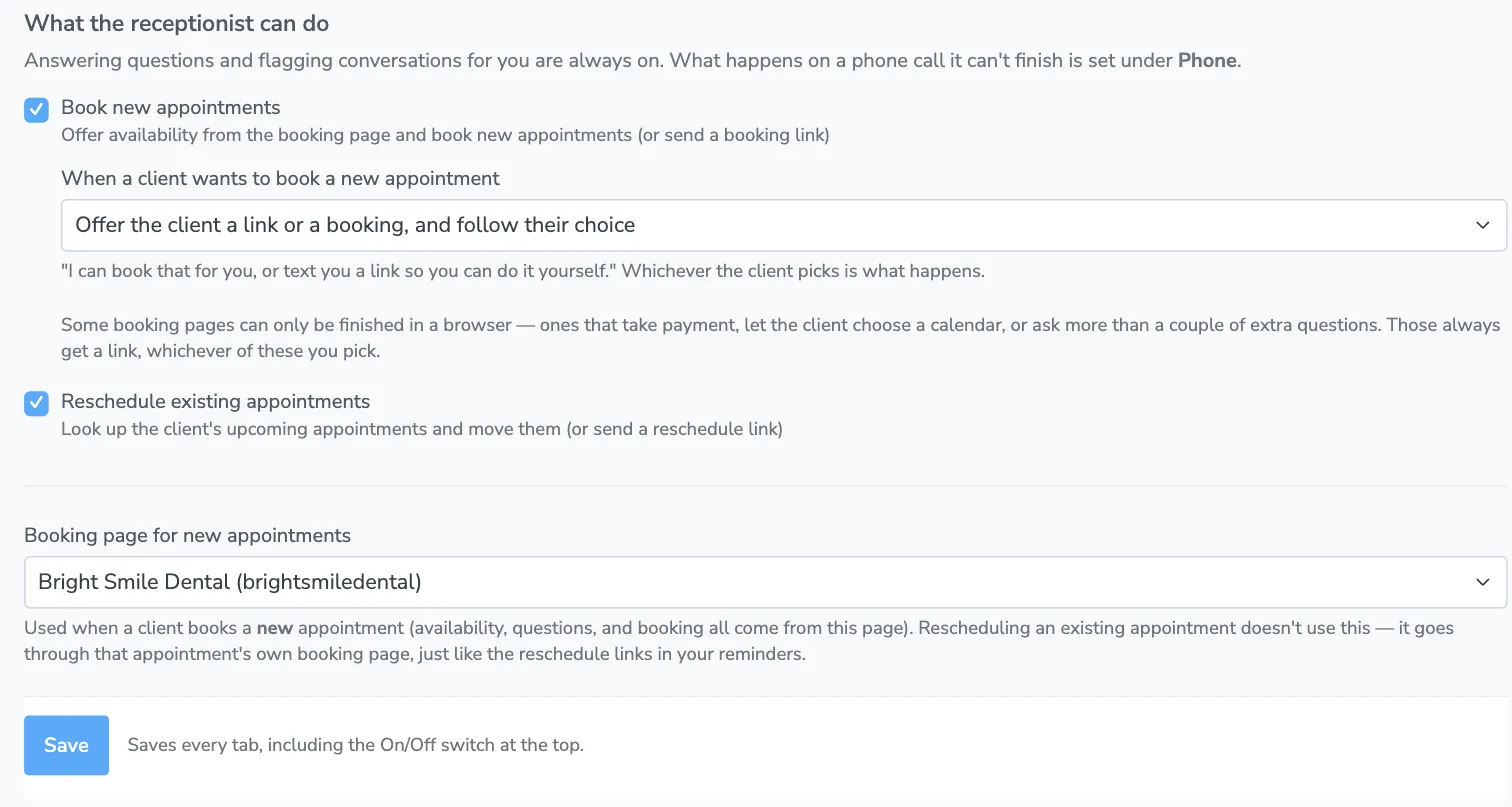 The Capabilities tab, with booking and rescheduling switched on, the booking choice dropdown, and a booking page chosen