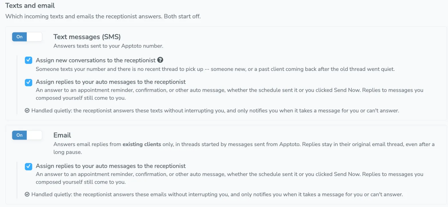 The Texts and email tab with text messages and email both switched on, showing the checkboxes under each