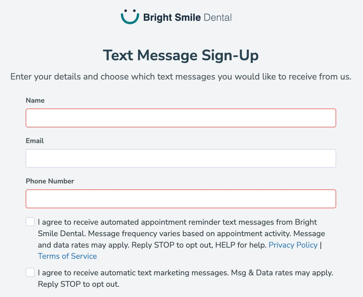 The consent checkboxes as a client sees them, under the phone number