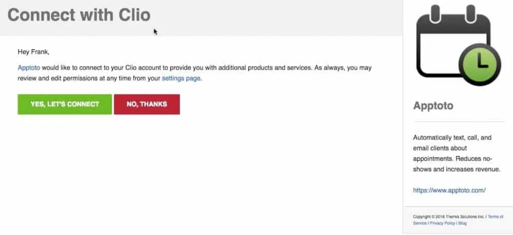Clio authorization page