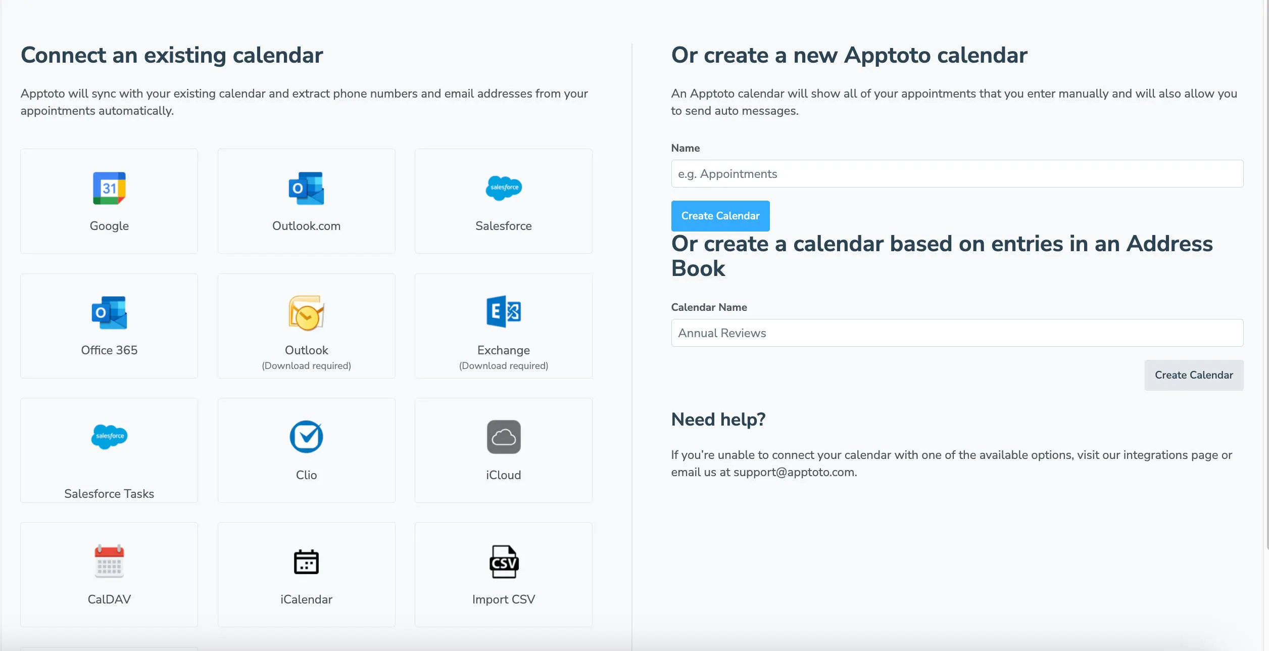 Apptoto interface displaying how to connect an existing calendar or create a new calendar