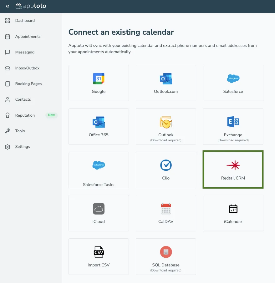 Connect an existing calendar screen with Redtail CRM option