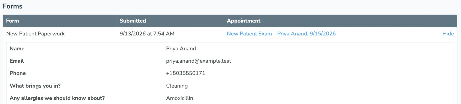 The Forms section of a contact page listing their submissions