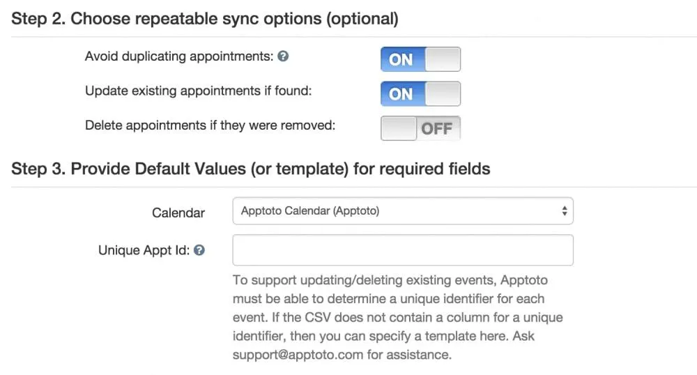 Apptoto repeatable sync options with update existing appointments enabled