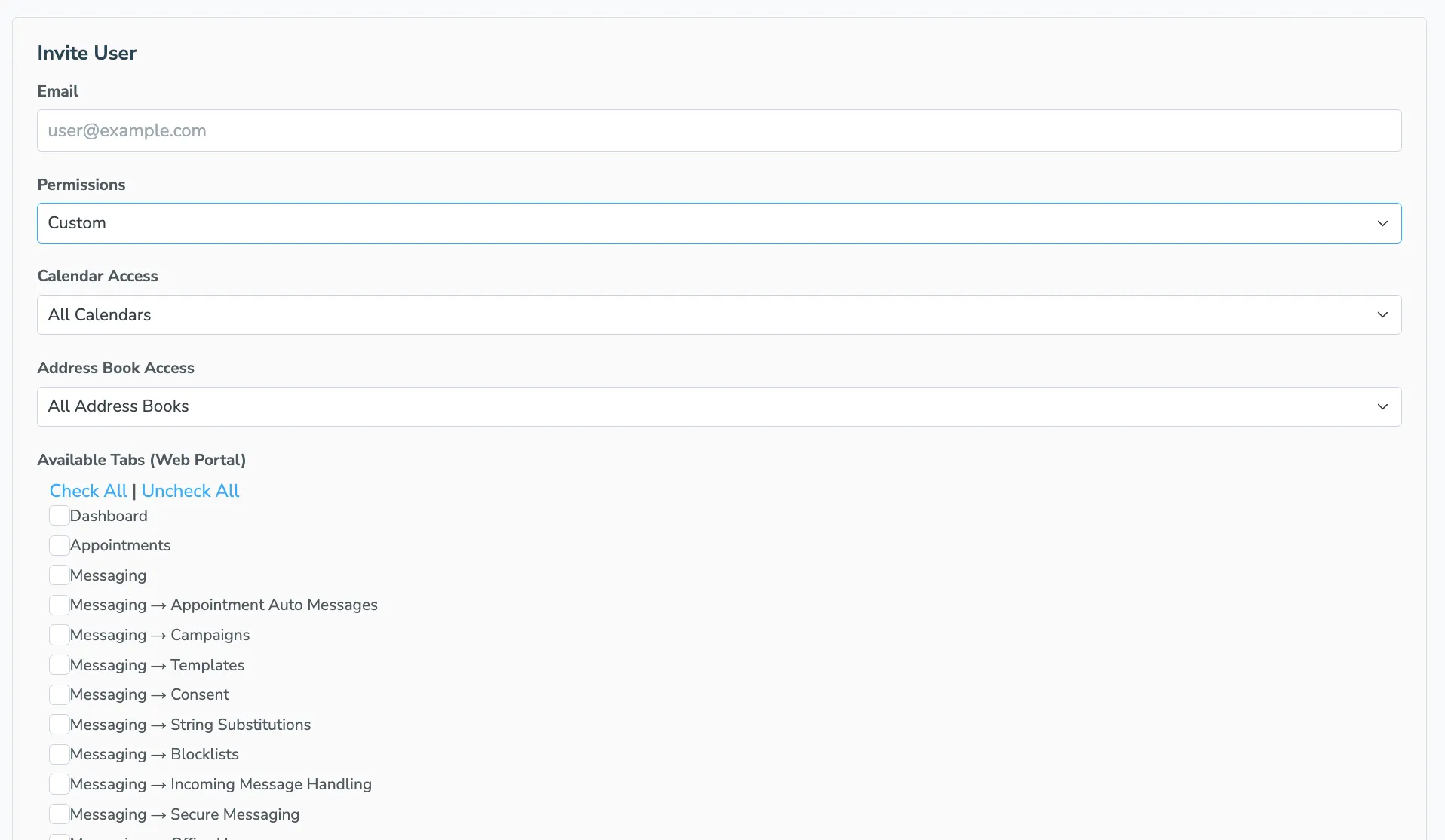 Selecting Custom permissions on the Invite User form reveals an Available Tabs (Web Portal) checklist with options like Dashboard, Appointments, Messaging sub-tabs, and more.