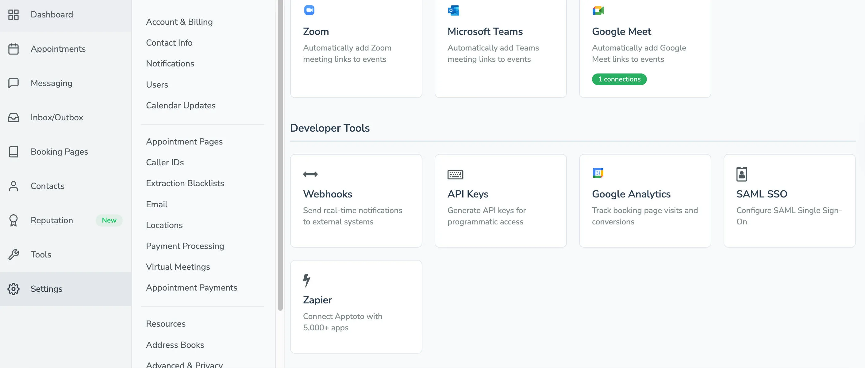 The Developer Tools section on the Integrations tab in Apptoto includes API Keys