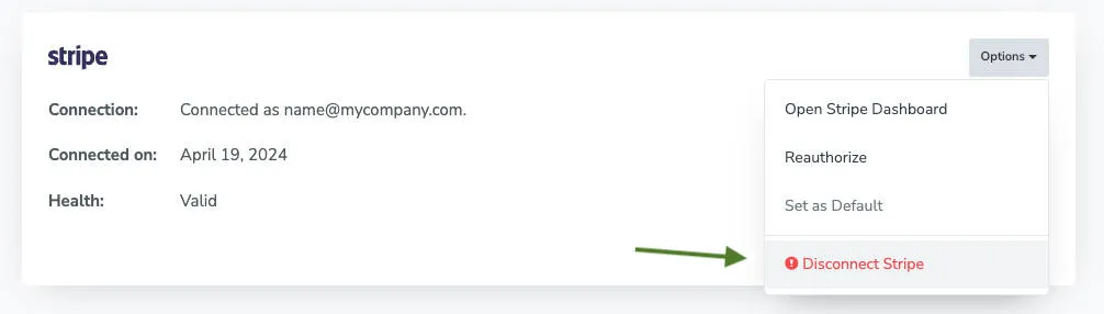 Disconnect your payment processor from Apptoto using the Options > Disconnect button