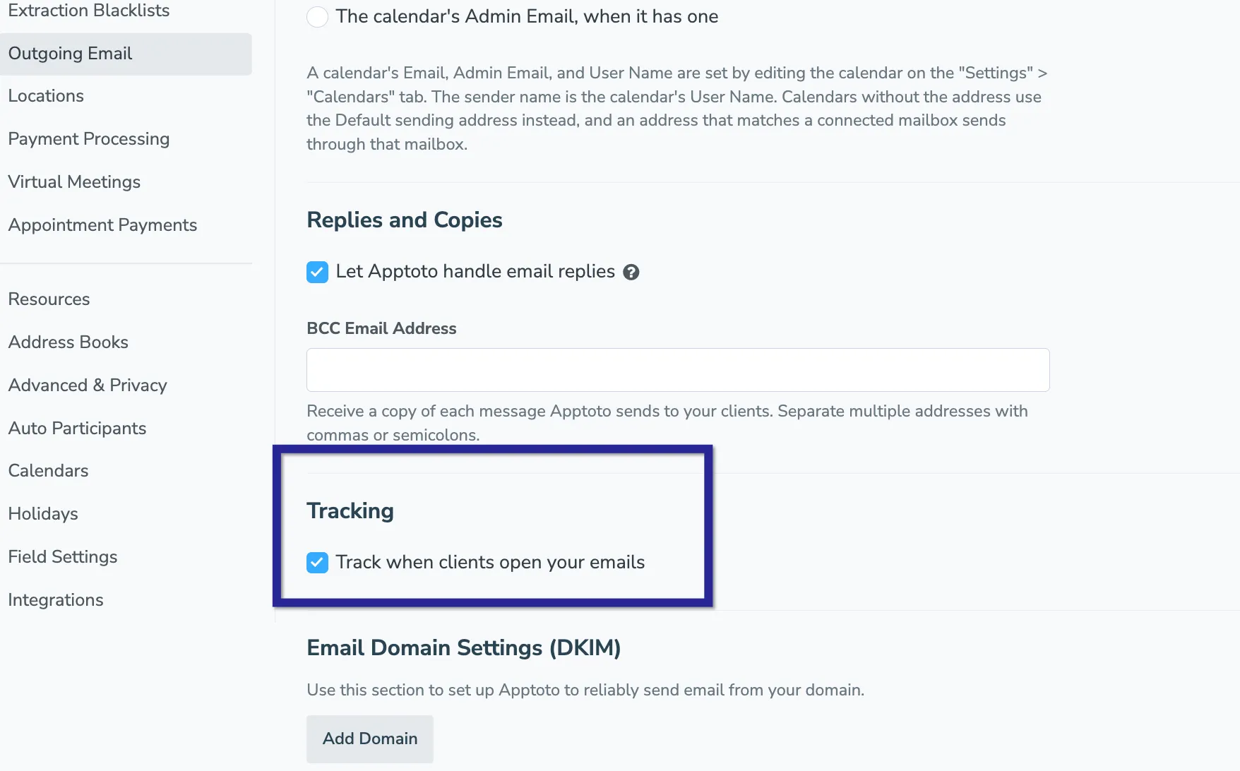 Enable email open tracking with a single click under the Settings > Outgoing Email tab.
