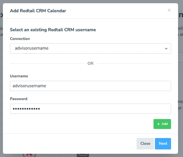 Select from your existing Redtail username or add different credentials