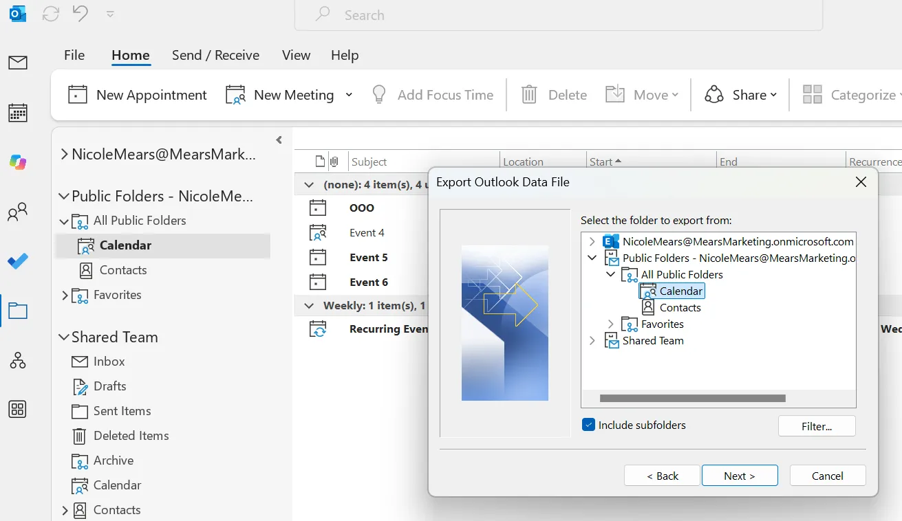 Export to Outlook Data File dialog showing the calendar selected under Public Folders
